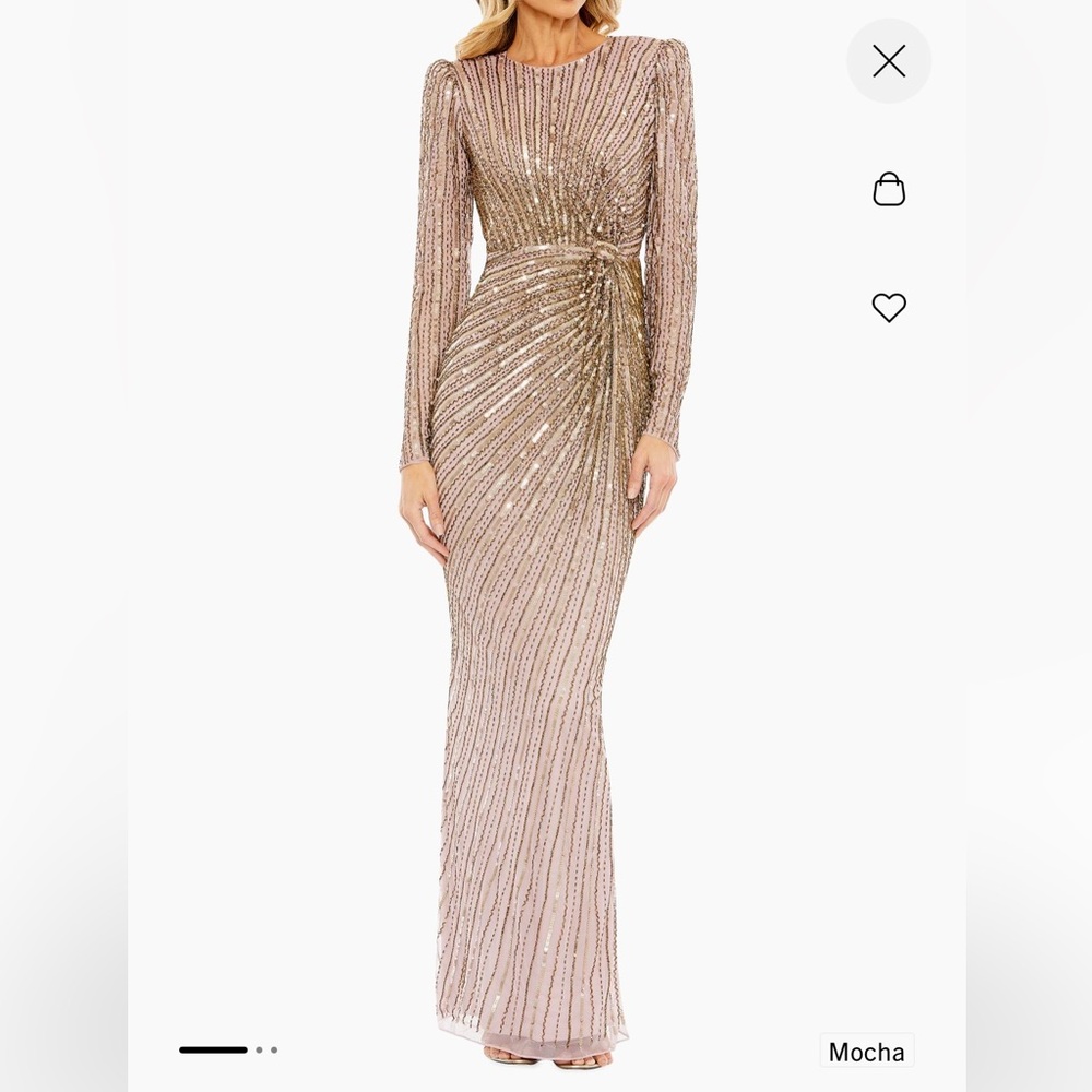 Mac Duggal Embellished knotted column Evening gown Mocha long sleeve